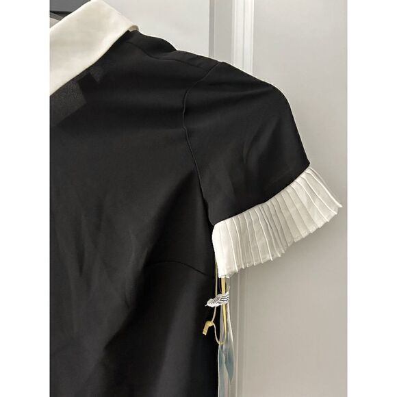 CECE Women's Short Sleeve Color Blocked Collared Blouse Black and White - Picture 6 of 12